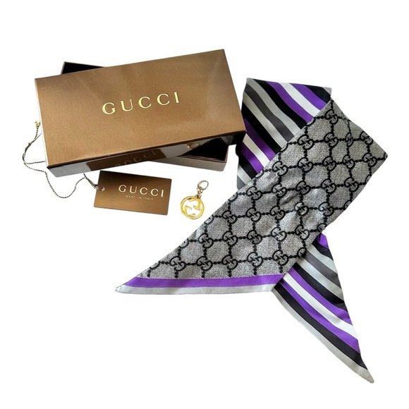 GUCCI 100% Silk Monogram Gray & Purple Stripe Skinny Neck Scarf w/Box & Ring - Picture 7 of 8